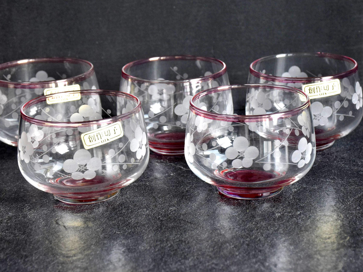 Floral Etched Glass And Rantai Shikki Bamboo Tea Set showing five glass cups with floral motifs