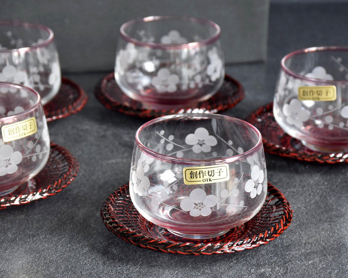 Floral Etched Glass And Rantai Shikki Bamboo Tea Set showing close-up of patterned glass cups