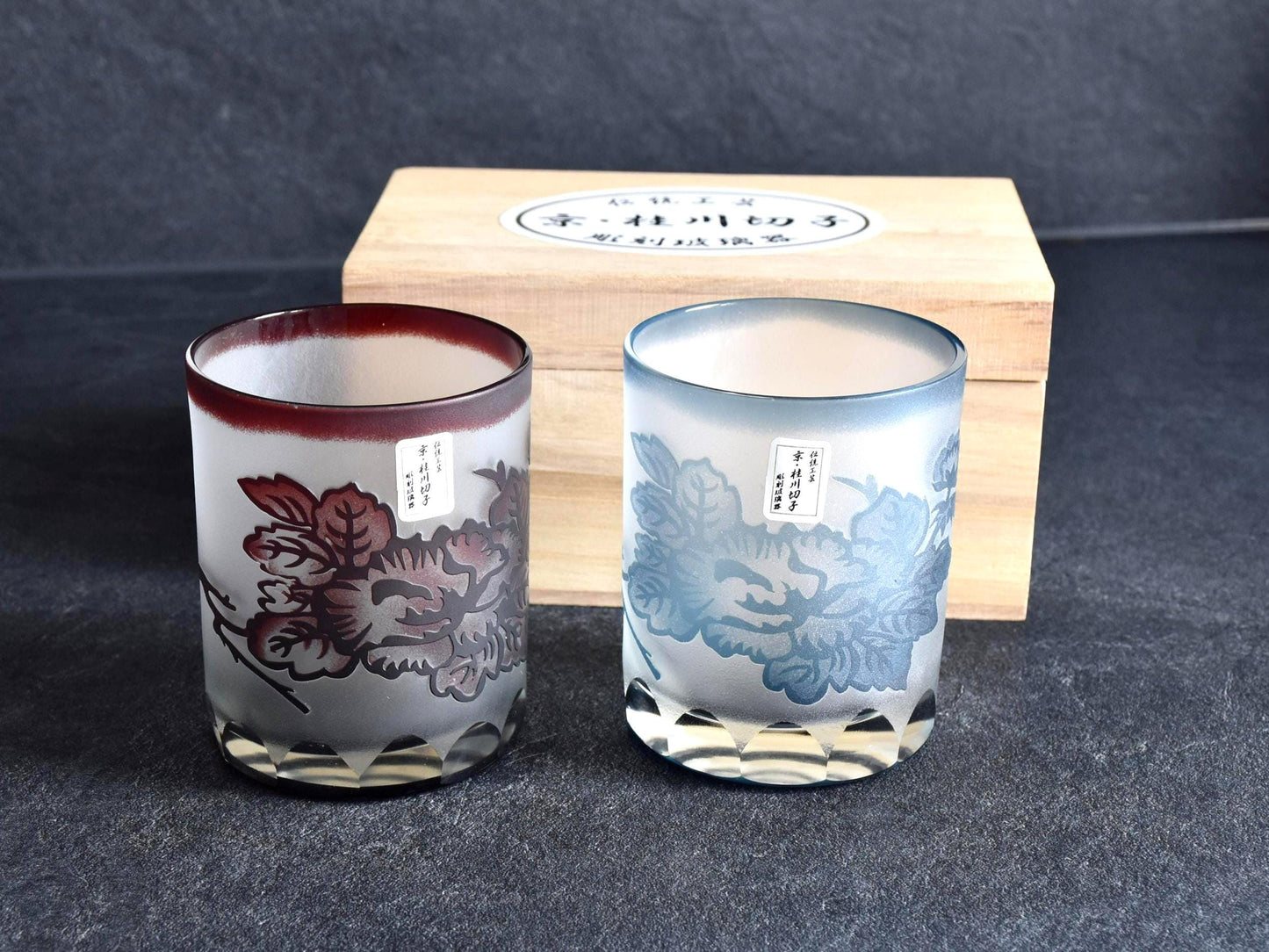 Cut Glass Tumblers with Painted Floral Motif