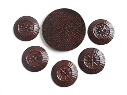 Rantai Shikki woven bamboo lacquer tray and five small plates shown from their bases