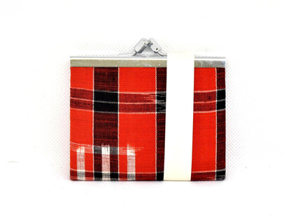 Kasuri Fabric Gama-Guchi Wallet flat front view showing vertical and horizontal red bands