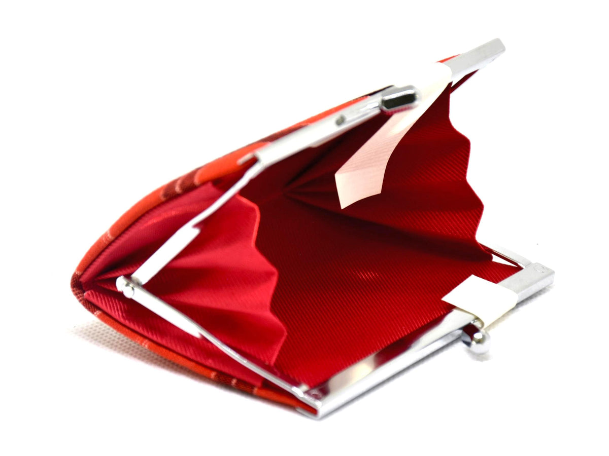 Kasuri Fabric Gama-Guchi Wallet open position showing red accordion lining