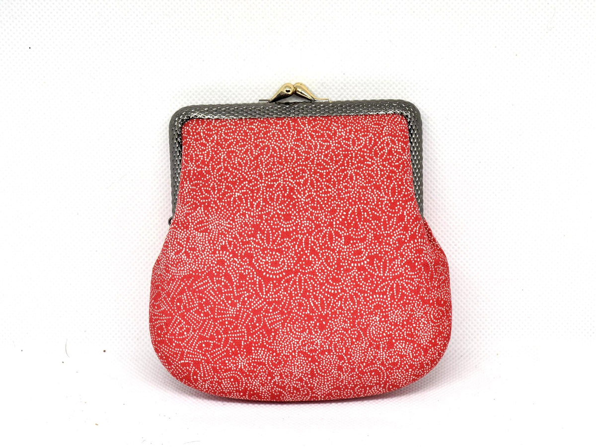 Red Silk Kimono Textile Clasp Coin Purse front view showing the rounded shape and silver and gold tone clasp