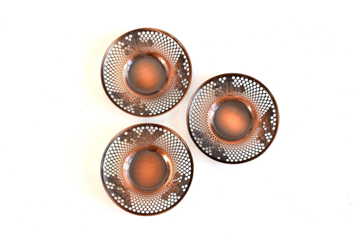 Pure Copper Sho-Chiku-Bai Openwork Tea Saucers set of three Japanese copper serving trays featuring pierced pine bamboo and