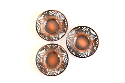 Pure Copper Sho-Chiku-Bai Openwork Tea Saucers set of three Japanese copper serving trays featuring pierced pine bamboo and