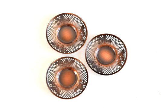 Pure Copper Sho-Chiku-Bai Openwork Tea Saucers set of three Japanese copper serving trays featuring pierced pine bamboo and