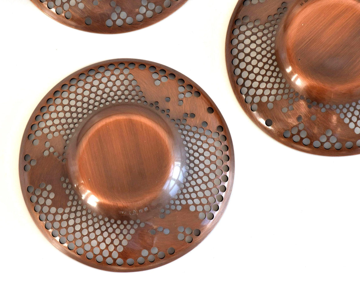 Pure Copper Sho-Chiku-Bai Openwork Tea Saucers base view showing the underside details and makers marks on the copper trays