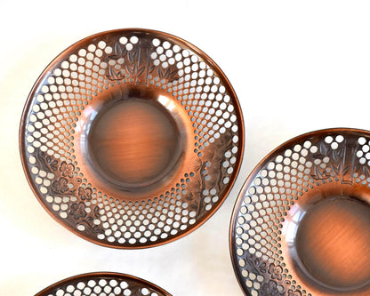 Pure Copper Sho-Chiku-Bai Openwork Tea Saucers top view highlighting the intricate pierced openwork and traditional motifs