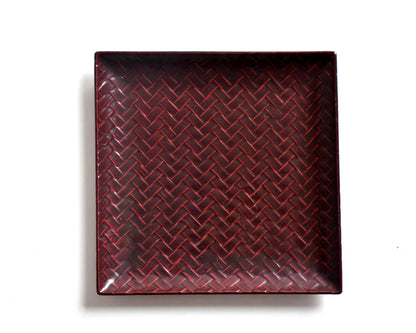 Set of 5 Kurume Rantai lacquer square plates single plate showing basket-weave texture