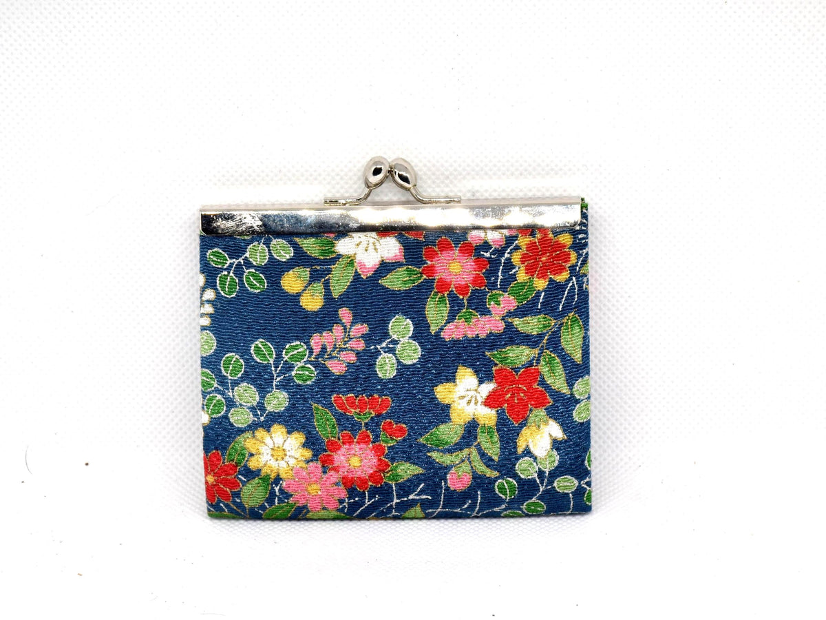 Navy Blue Floral Hana Chirimen Gamaguchi Coin Purse front view showing multicolor floral pattern