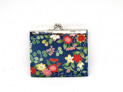 Navy Blue Floral Hana Chirimen Gamaguchi Coin Purse front view showing multicolor floral pattern