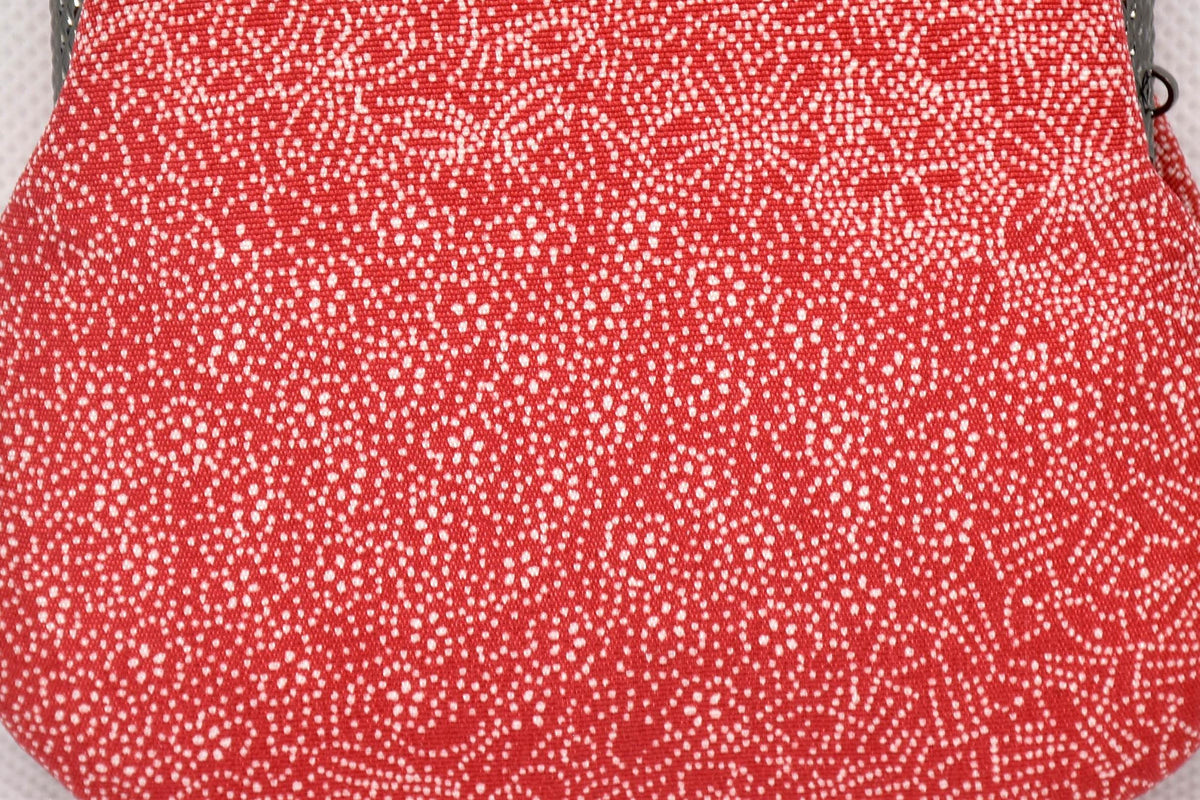 Red Silk Kimono Textile Clasp Coin Purse close-up of the red patterned fabric featuring fine white motifs