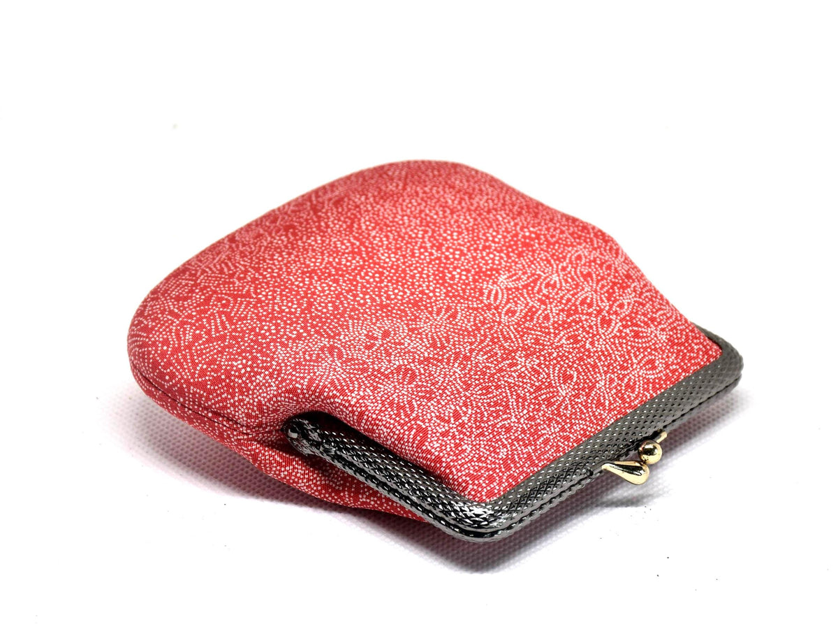 Red Silk Kimono Textile Clasp Coin Purse angled view showing the mixed silver and gold tone kiss-lock metal frame