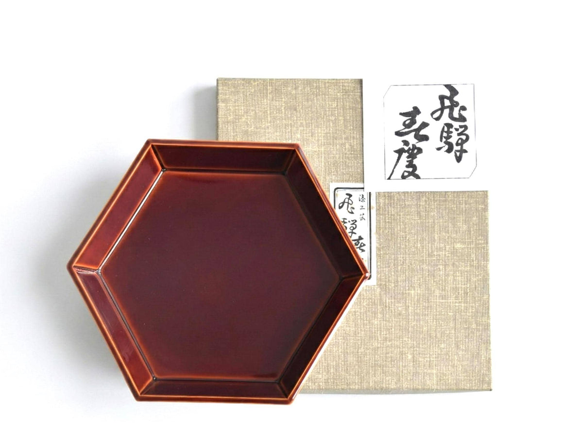 Hida Shunkei Hexagonal Confectionery Bowl Urushi Lacquer serving tray displayed with its original presentation box