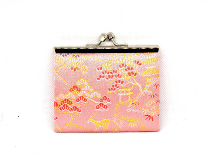 Nishijin-Ori Silk Coin Purse Deer Motif front view showcasing the pink and gold woven landscape