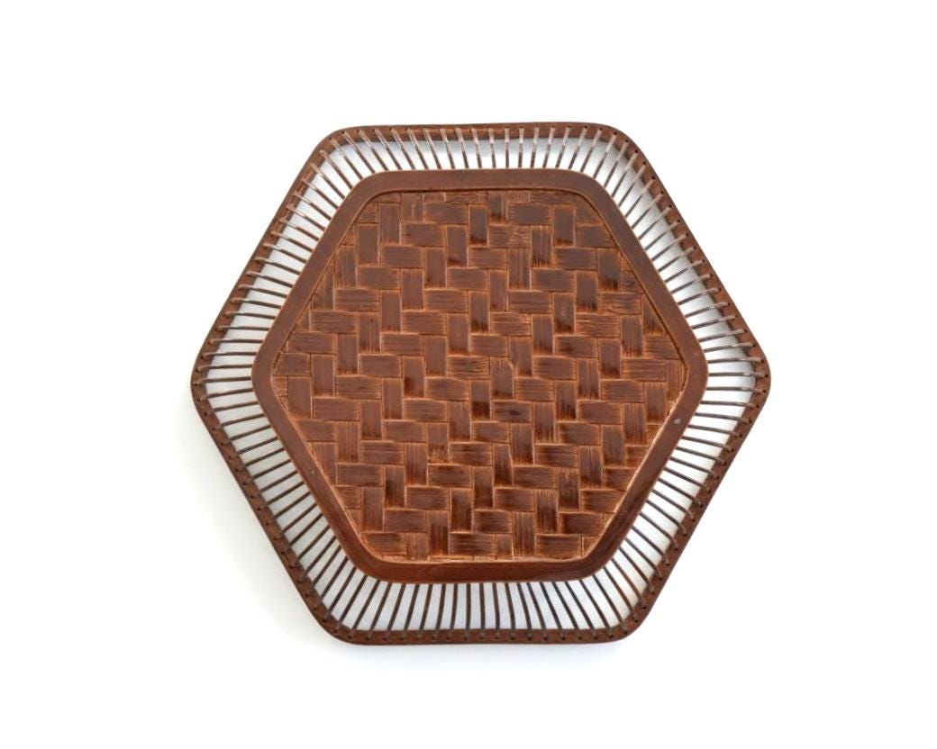 Hexagonal Bamboo Weave Tray In Brown Lacquer viewed from directly above on white background