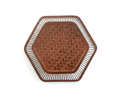 Hexagonal Bamboo Weave Tray In Brown Lacquer viewed from directly above on white background