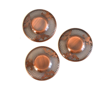 Pure Copper Sho-Chiku-Bai Openwork Tea Saucers back view showing the smooth reverse bases of the three copper trays