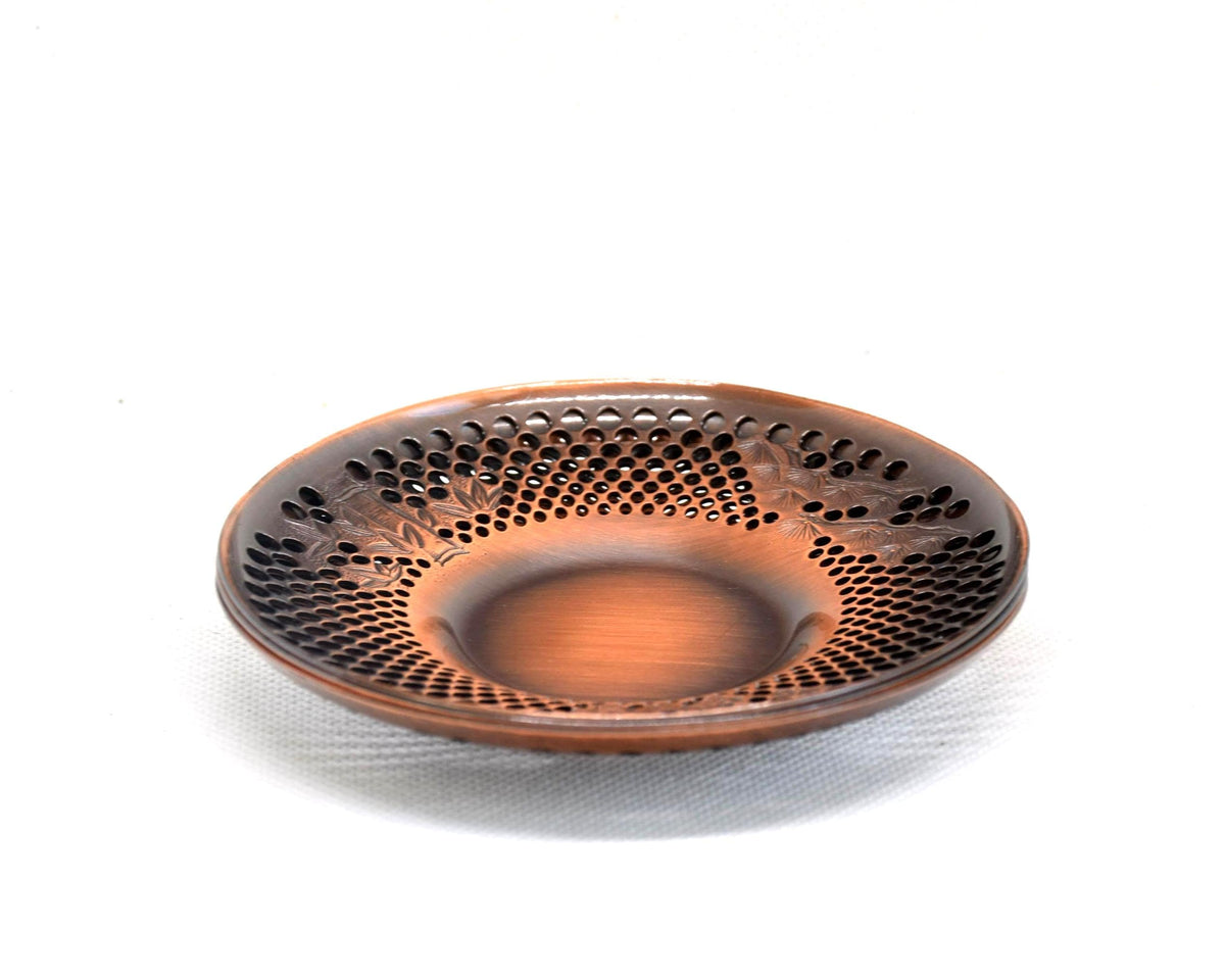 Pure Copper Sho-Chiku-Bai Openwork Tea Saucers side view showing the shallow depth and pierced rim of a single copper saucer