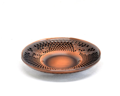 Pure Copper Sho-Chiku-Bai Openwork Tea Saucers side view showing the shallow depth and pierced rim of a single copper saucer