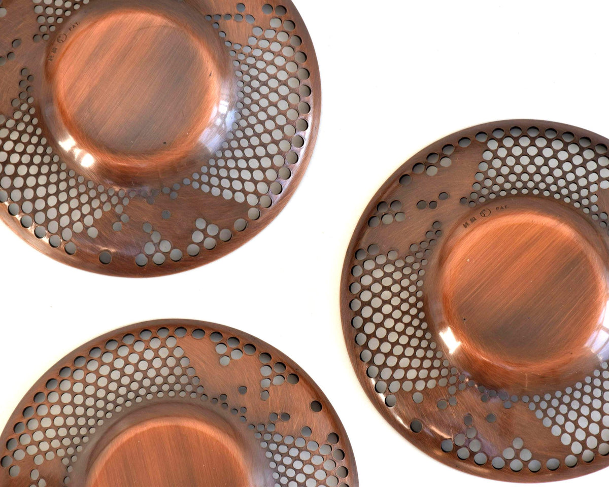 Pure Copper Sho-Chiku-Bai Openwork Tea Saucers base detail showing the stamped hallmarks on the undersides of the copper
