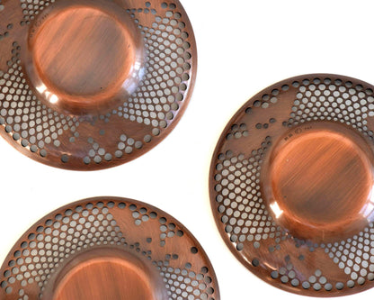 Pure Copper Sho-Chiku-Bai Openwork Tea Saucers base detail showing the stamped hallmarks on the undersides of the copper