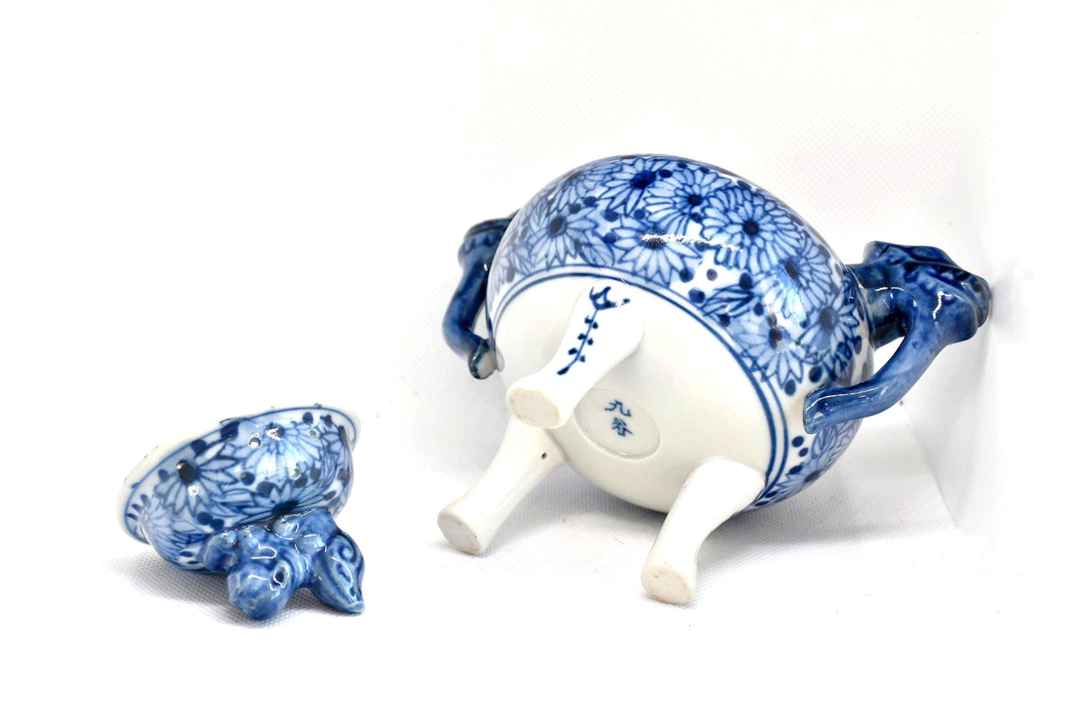 Kutani Porcelain Koro Blue And White Shishi Lion Motif overturned view with base and lid