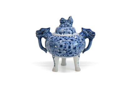 Kutani Porcelain Koro Blue And White Shishi Lion Motif vintage Japanese incense burner