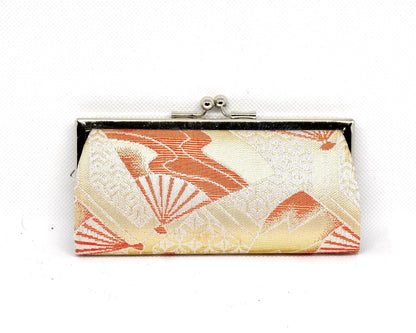 Nishijin-Ori Silk Gamaguchi Coin Purse front view showcasing the detailed orange and gold Japanese textile design and metal