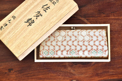 Saga Nishiki Brocade Gama-Guchi Coin Purse displayed inside its original wooden box