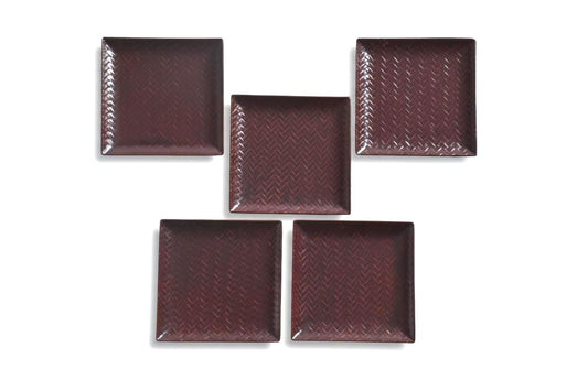 Set Of 5 Kurume Rantai Lacquer Square Plates serving trays in deep red basket-weave design