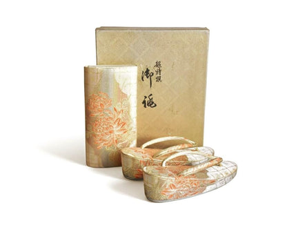 Gold Brocade Zori And Clutch Set With Floral Motifs