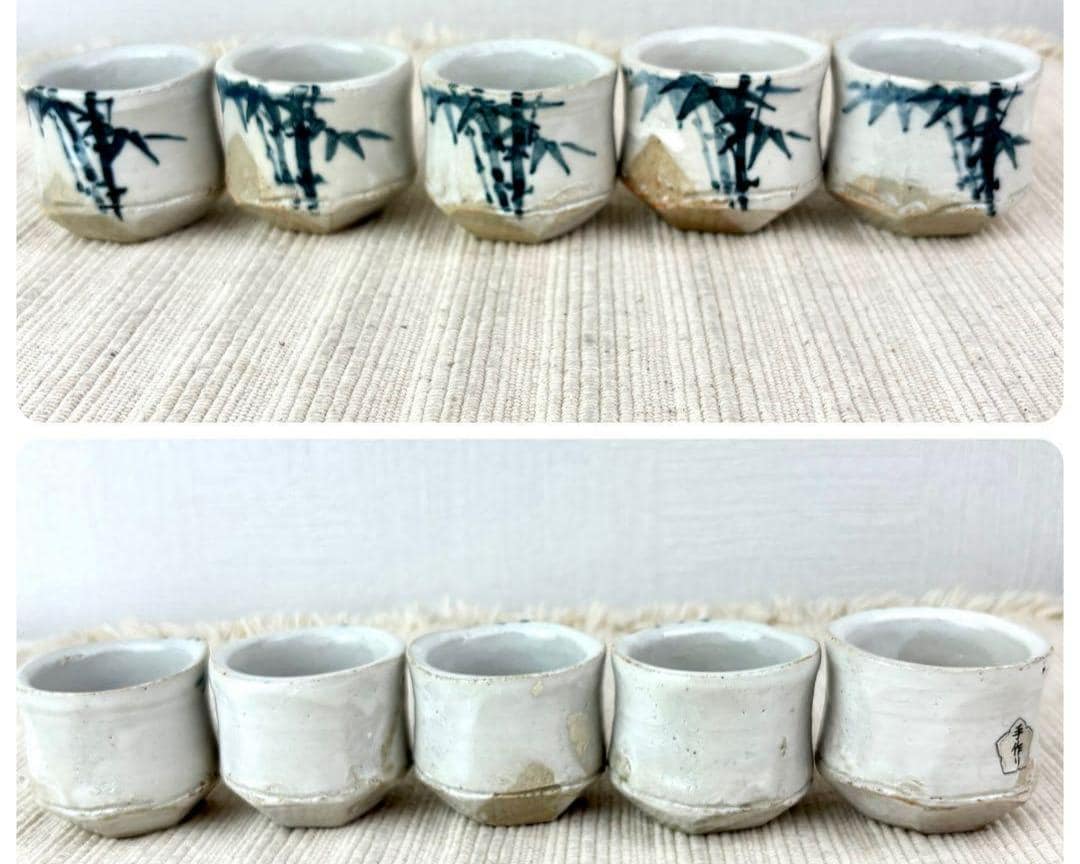 Kikyogama Mino Ware bamboo-shaped guinomi sake cups arranged in a row in two views