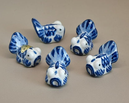 Arita-Yaki Porcelain Goldfish Chopstick Rest Set Of 5 hand-painted in blue and white sometsuke style