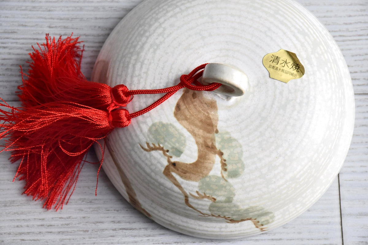 Kiyomizu-Yaki lidded box ceramic container lid top with gold sticker and red tassel