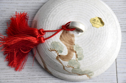 Kiyomizu-Yaki lidded box ceramic container lid top with gold sticker and red tassel