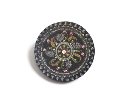 Japanese Lacquerware Floral Motif Round Brooch on white background