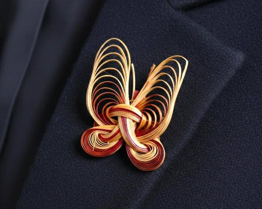 Handwoven Bamboo Butterfly Brooch In Peach And Gold
