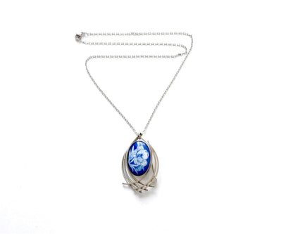 Kiyomizu-Yaki porcelain floral brooch pendant on a full-length silver chain