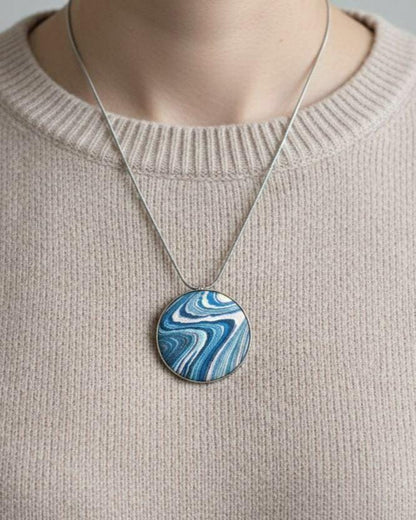 Suminagashizome Marbled Fabric Brooch And Pendant by Kyūka with blue design