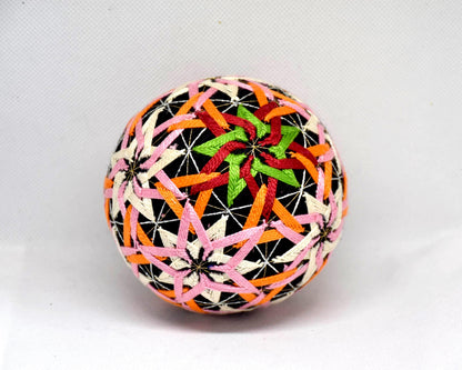 Temari ball hand embroidery showing the colorful symmetrical geometric design close up