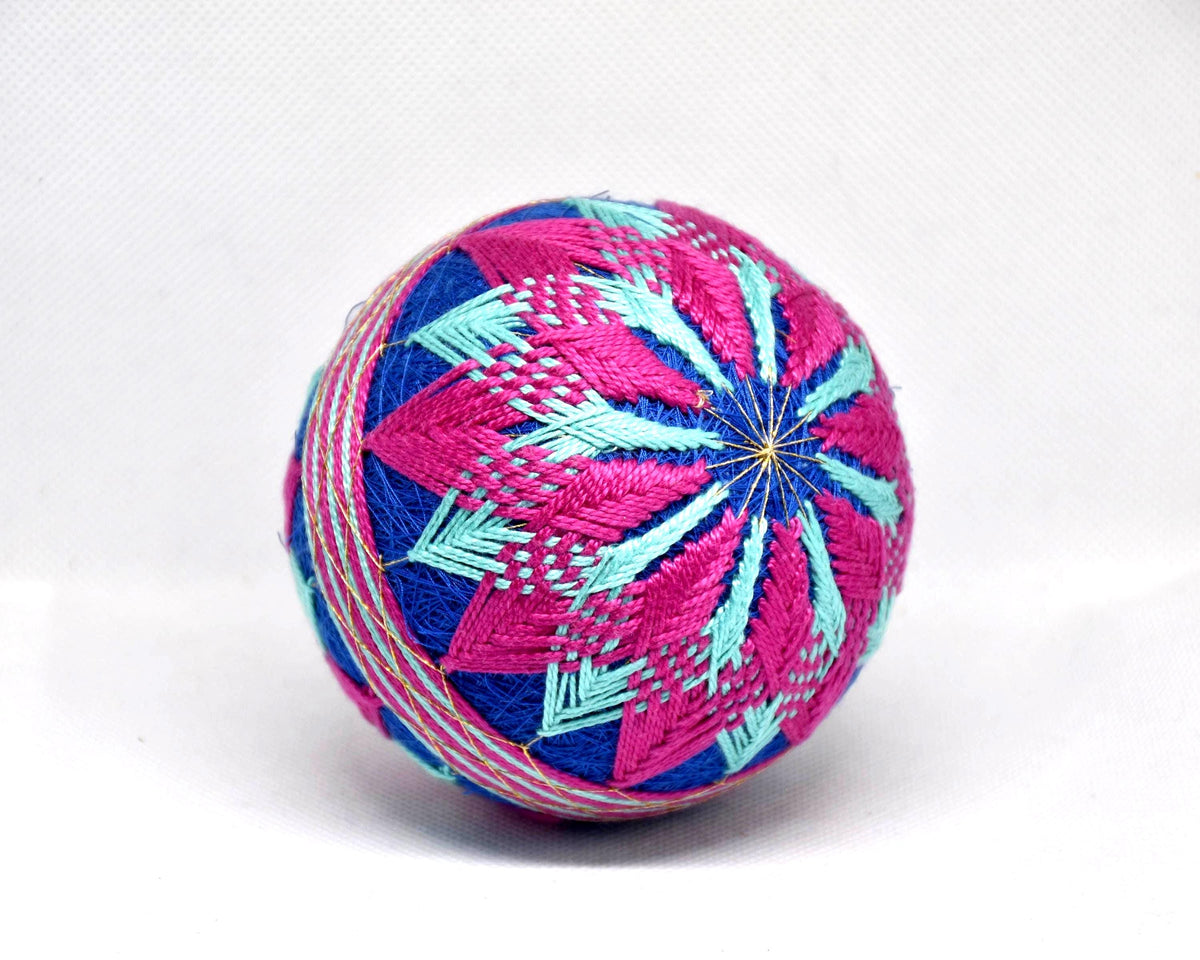 Hand-Embroidered Japanese Temari Ball Folk Art table scatters with vibrant colourful threads and star pattern