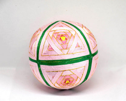 Hand-Embroidered Japanese Temari Ball table scatters pattern detail of green dividing lines