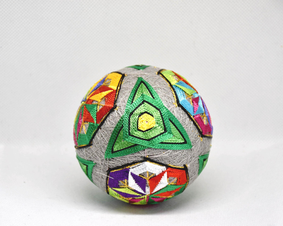 Hand-Embroidered Japanese Temari Ball Folk Art pattern detail showing green triangular embroidery