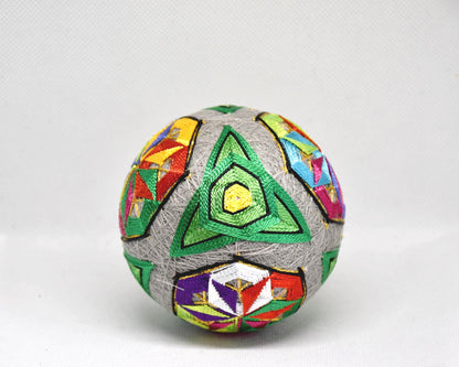 Hand-Embroidered Japanese Temari Ball Folk Art pattern detail showing green triangular embroidery