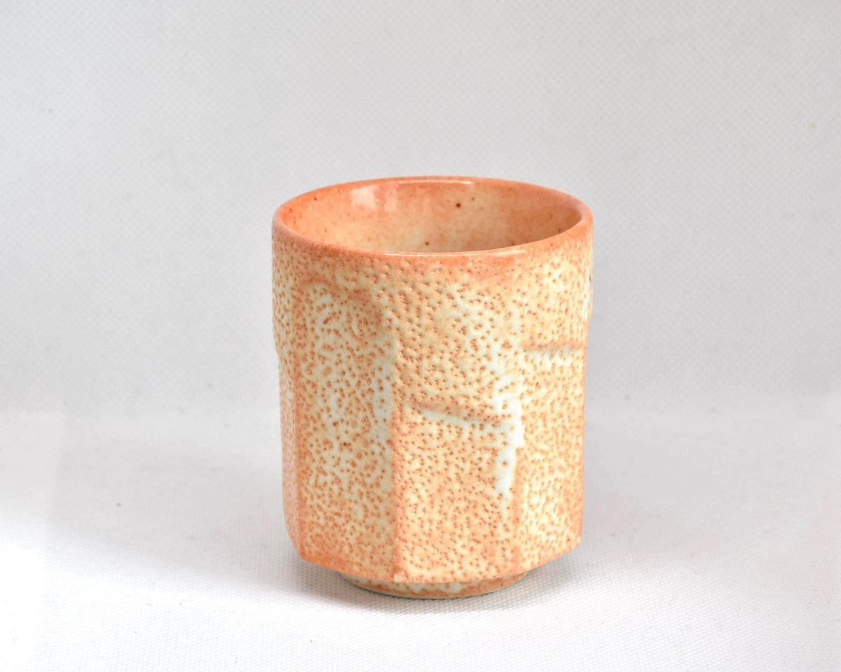 Shino-yaki yunomi tea cup set of 5 with kiribako box showing a plain unpainted cup side