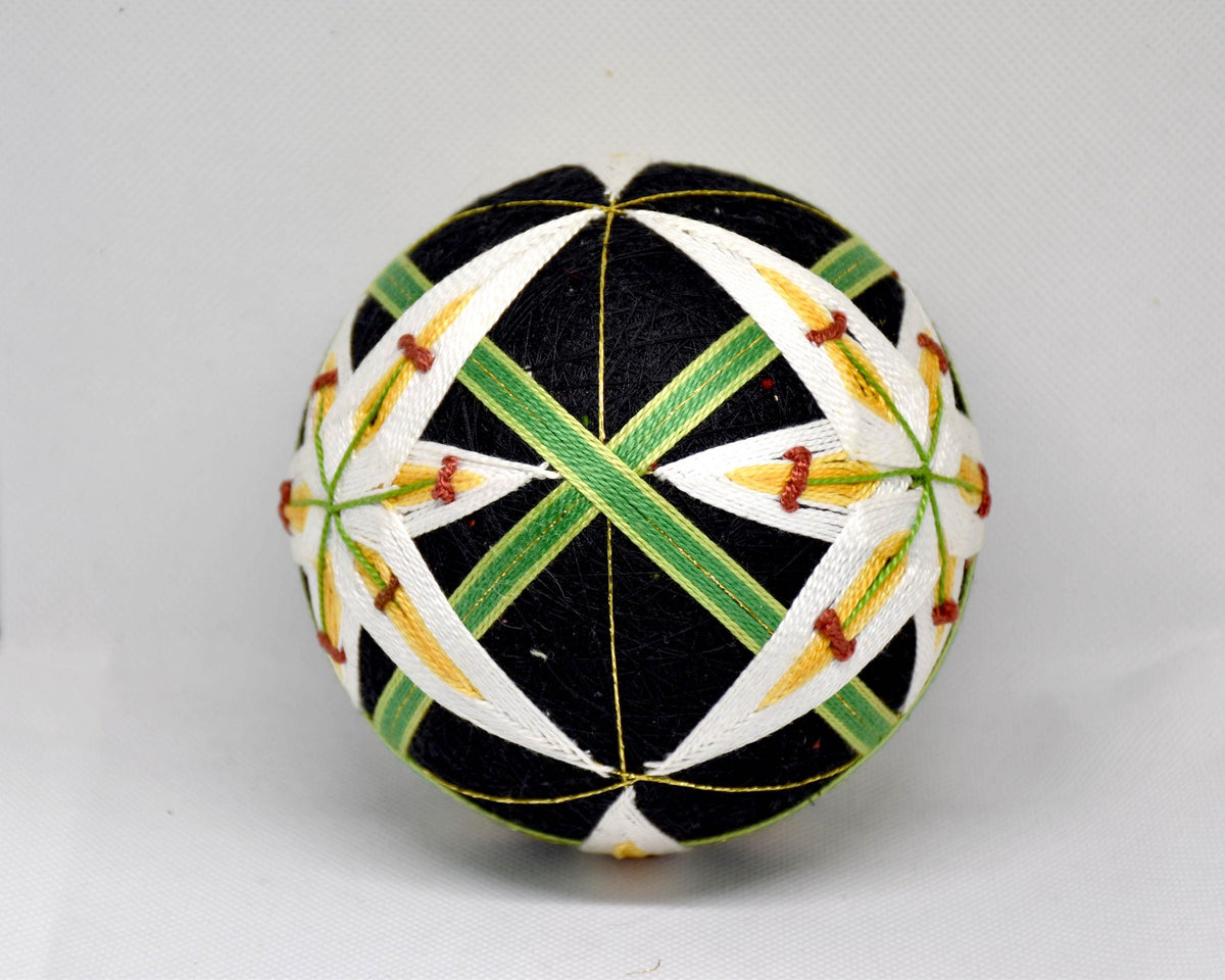 Hand-Embroidered Japanese Temari Ball Folk Art showing side view of intricate threadwork