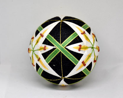 Hand-Embroidered Japanese Temari Ball Folk Art showing side view of intricate threadwork