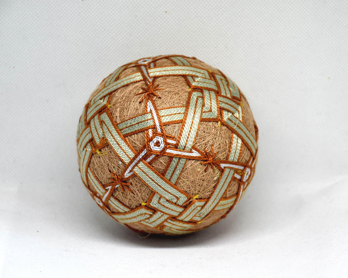 Hand-Embroidered Japanese Temari Ball Folk Art showing another angle of the intricate geometric embroidery.