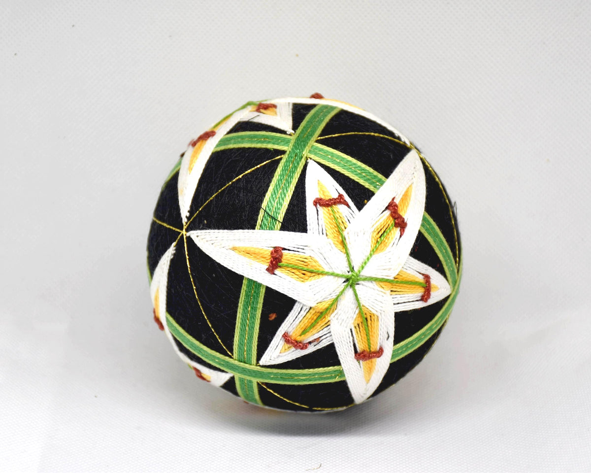 Hand-Embroidered Japanese Temari Ball Folk Art showing different geometric embroidery details